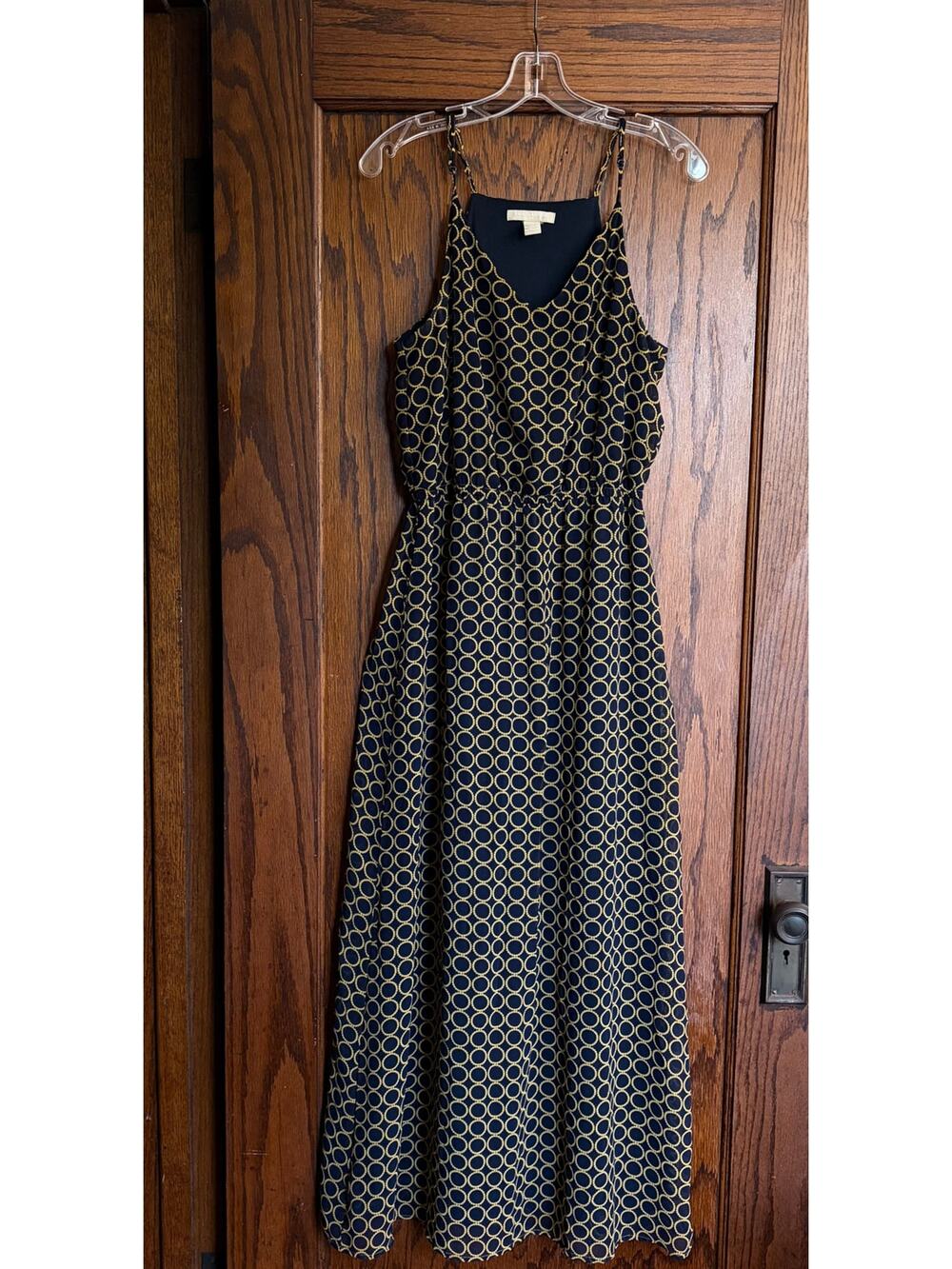 Banana Republic Maxi Dress Size 8 Navy Gold Geometric Circle Pearls Brunch Class